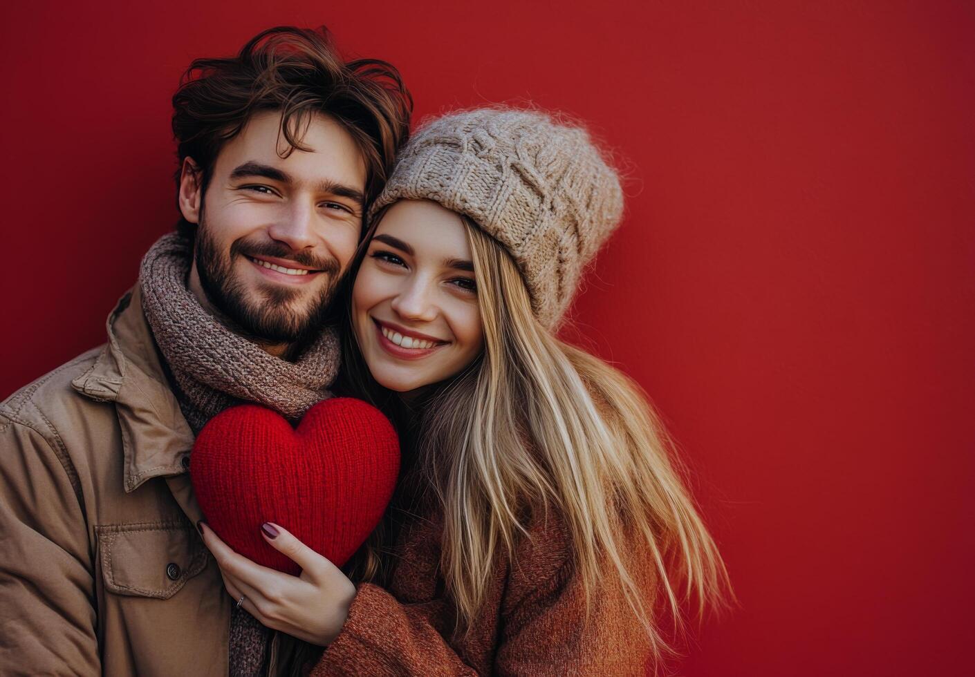 Couple smiling together while holding a heart shaped pillow in a cozy setting photo