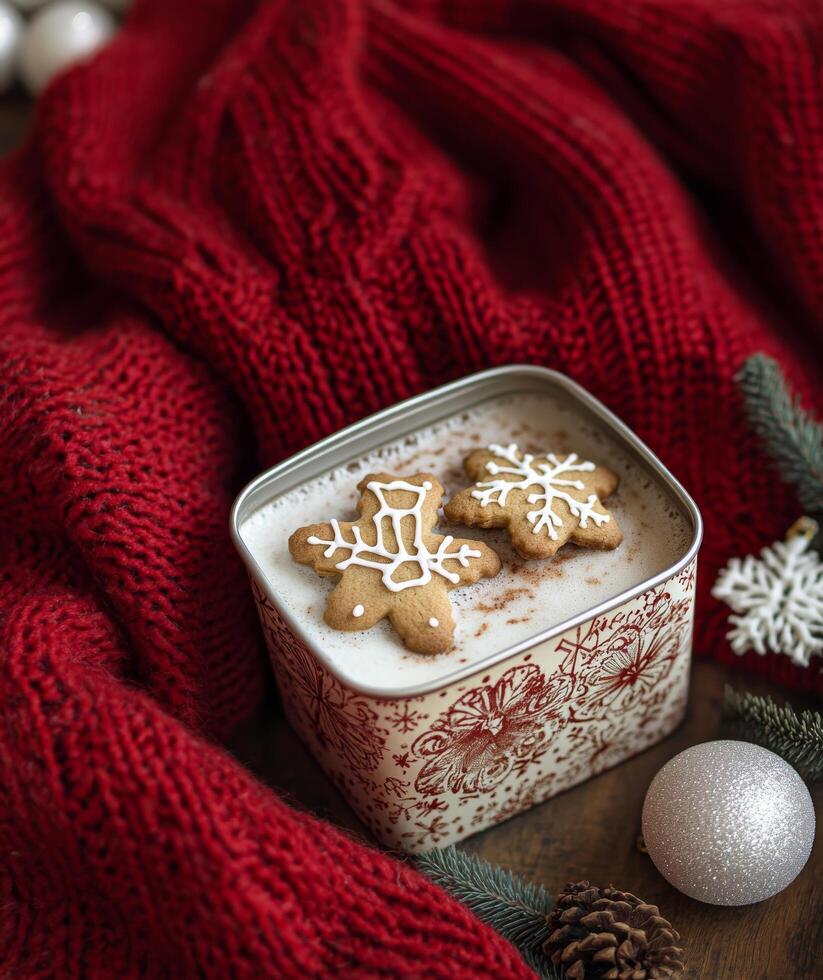 Cozy winter scene featuring gingerbread cookies and a hot beverage on a festive table photo