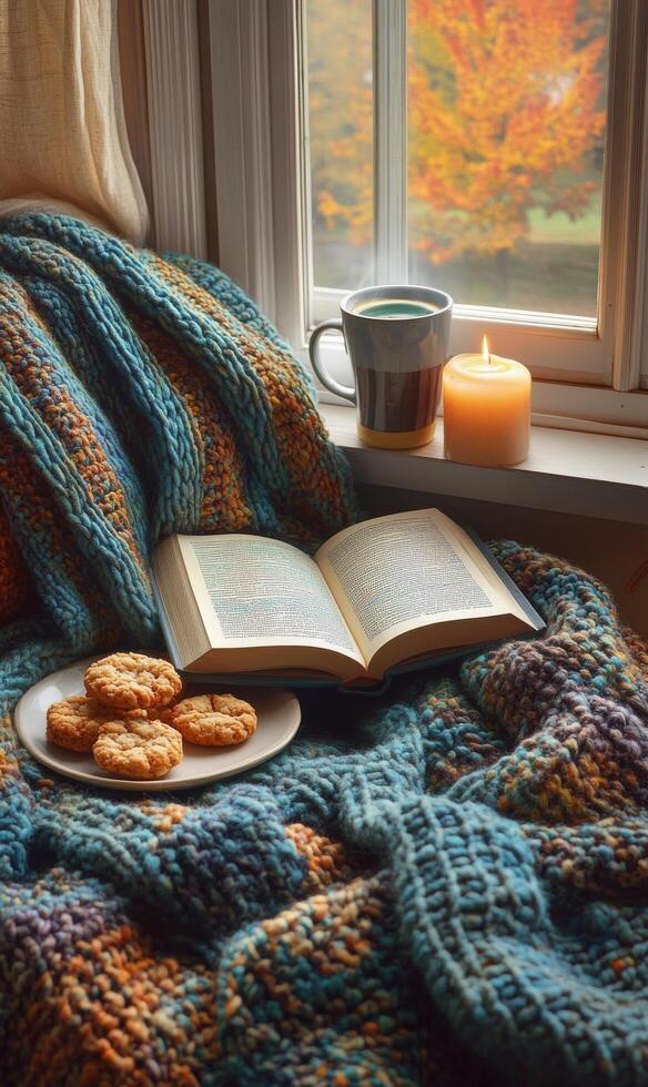 Cozy reading nook with cookies, tea, and a candle by the window on a fall afternoon photo
