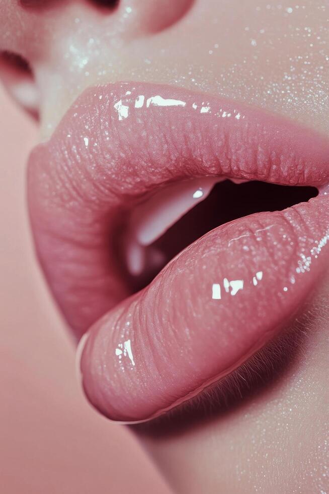 Close up of beautifully glossed lips showcasing a subtle and natural beauty aesthetic photo