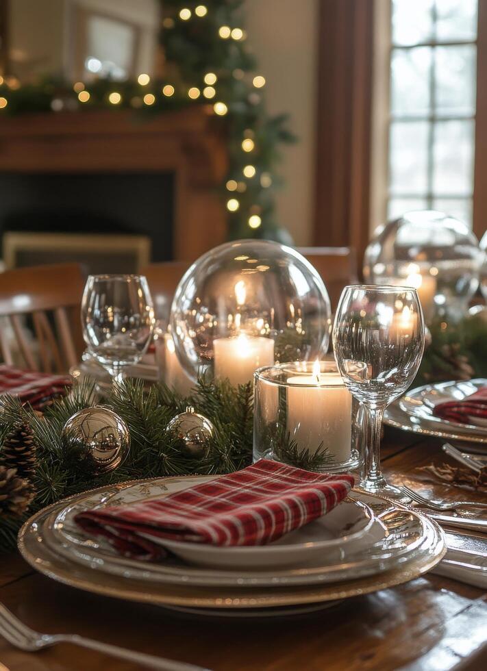Elegant holiday dining table setup with candles and pine decorations in a cozy setting photo