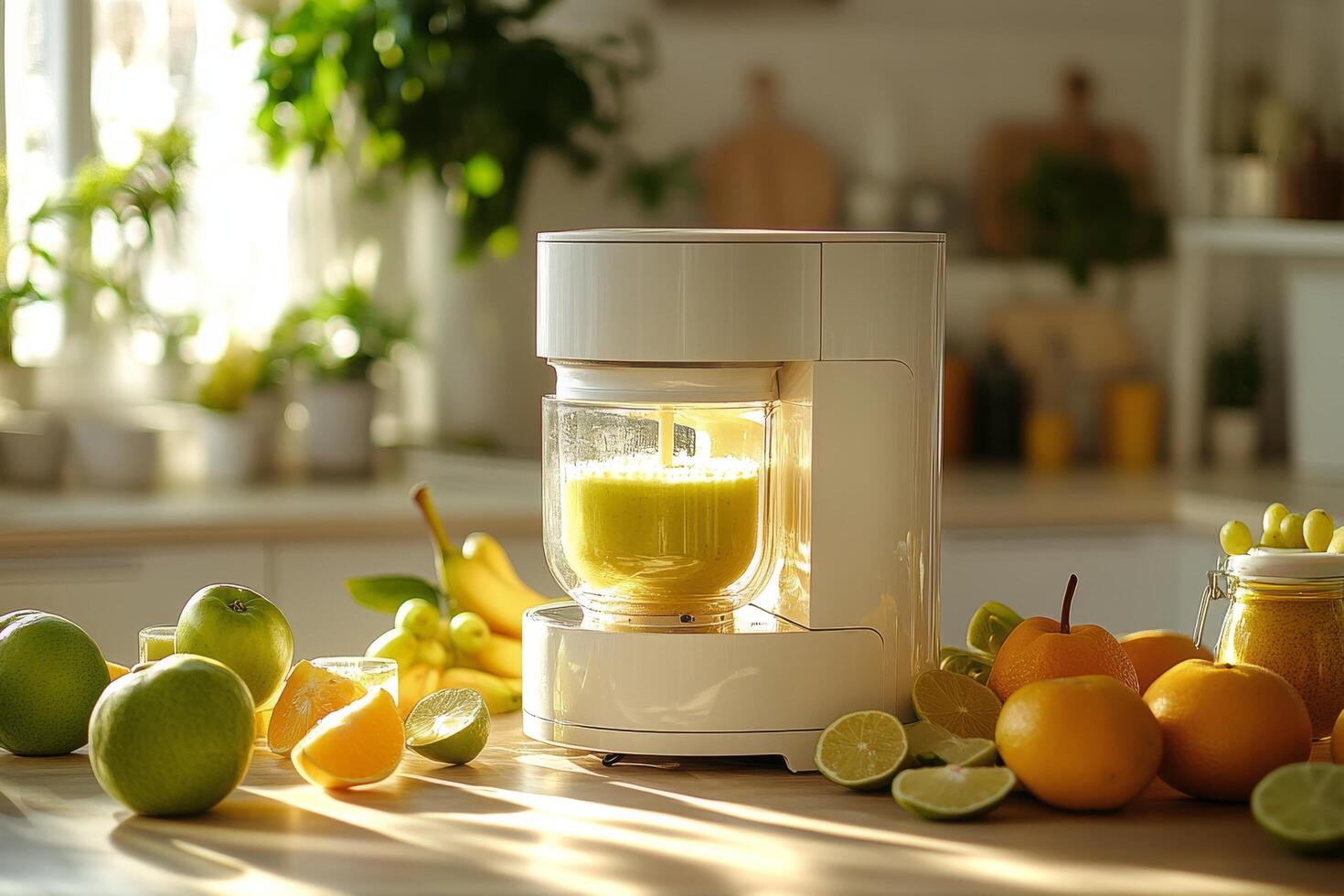 A bright kitchen filled with fresh citrus fruits and a blender preparing a refreshing juice mix photo