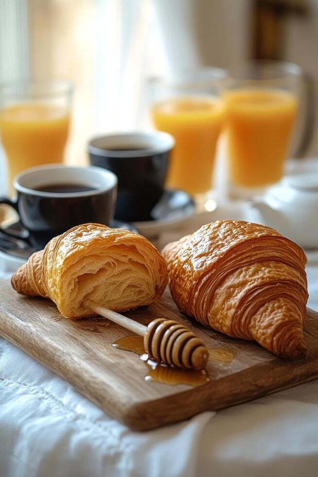 A cozy breakfast with fresh croissants, honey, coffee, and orange juice photo