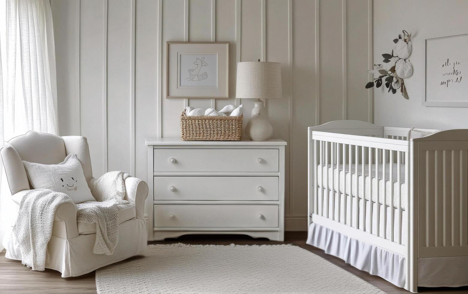 Cozy and elegant nursery featuring a crib, dresser, and comfortable armchair in soft colors photo