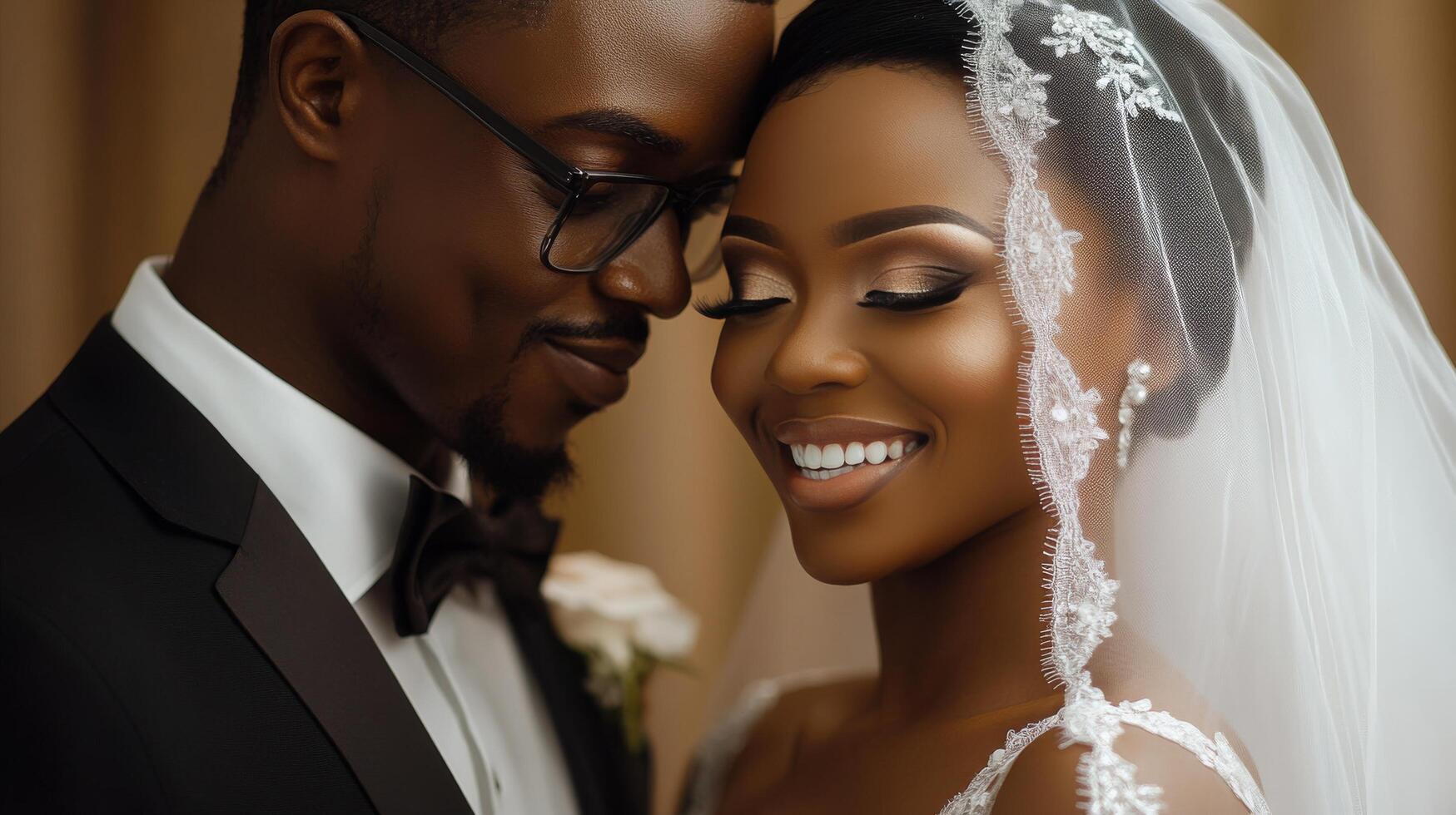 Joyful couple sharing a romantic moment during their outdoor wedding ceremony in the sunlight photo