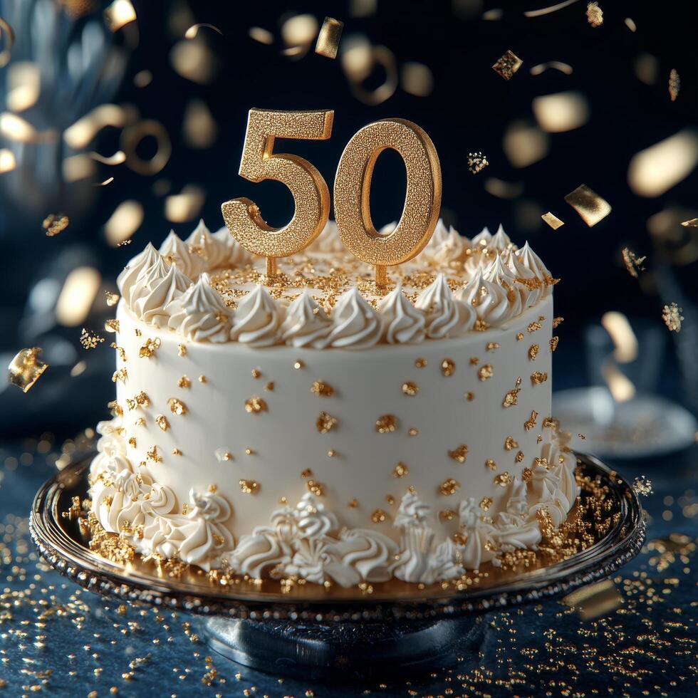 50th birthday cake adorned with golden decorations and sparkling confetti at a celebratory event photo