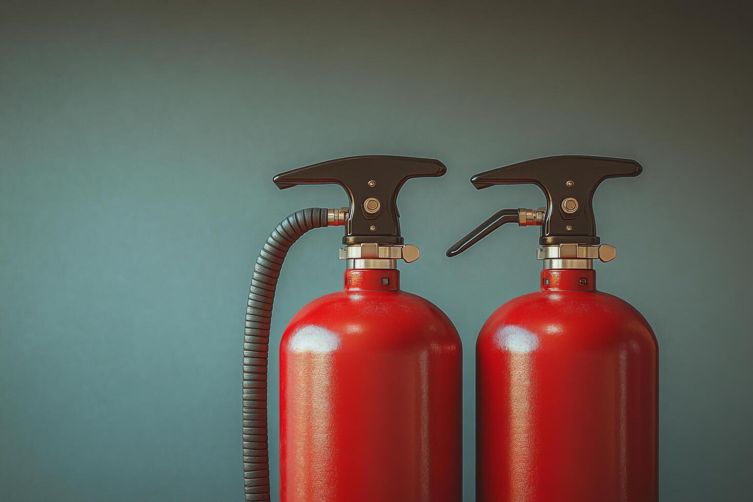 Red fire extinguishers positioned in close proximity against a teal background indoors photo