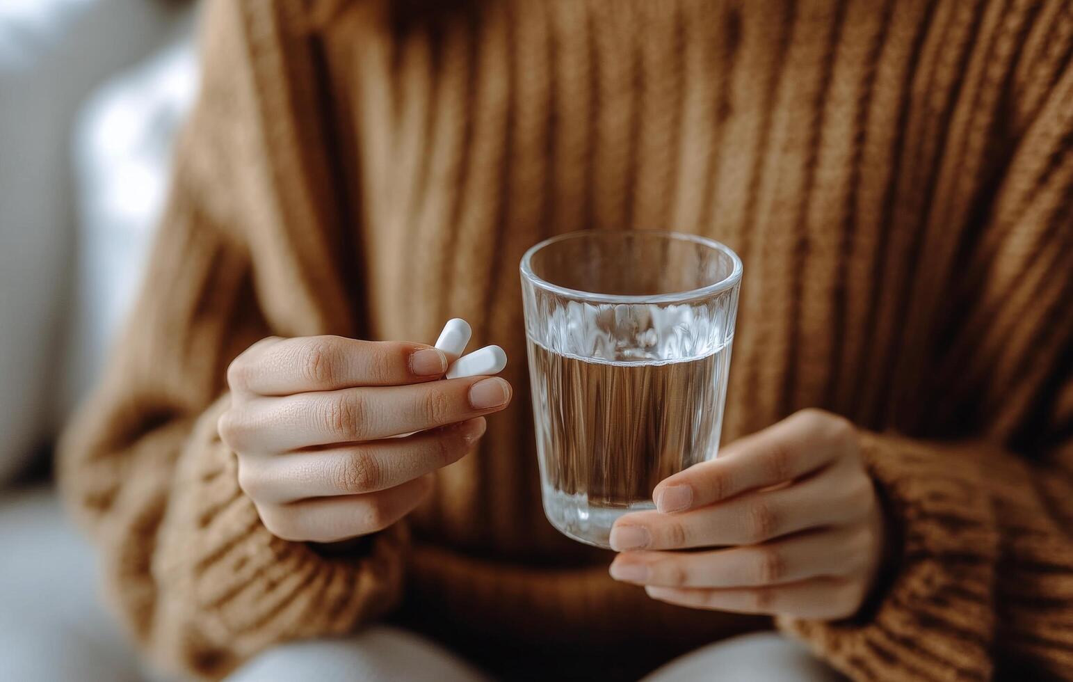 Person holding a glass of water with a floating tablet in a sunny indoor setting photo