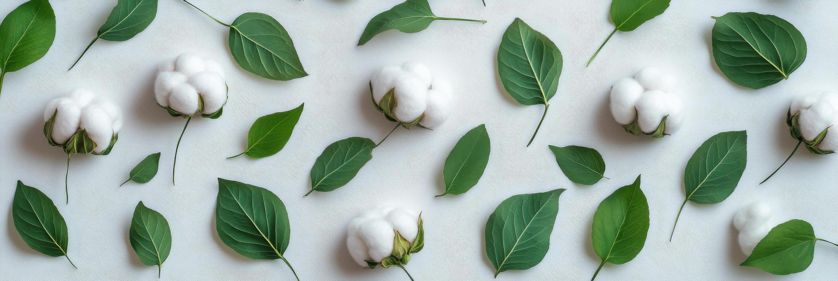 Cotton bolls and green leaves arranged aesthetically on a light background for floral decoration photo