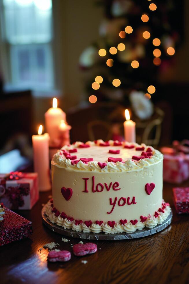 Romantic cake decorated with heart shapes and candles for a special celebration photo