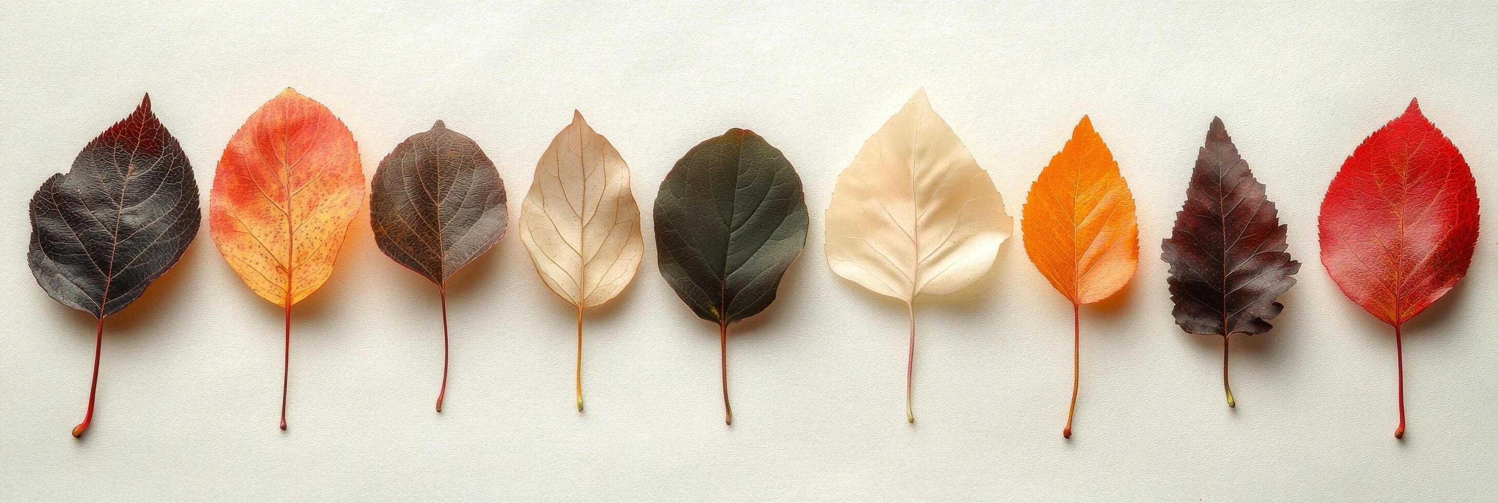 Colorful autumn leaves arranged on a light background showcasing seasonal diversity and beauty photo