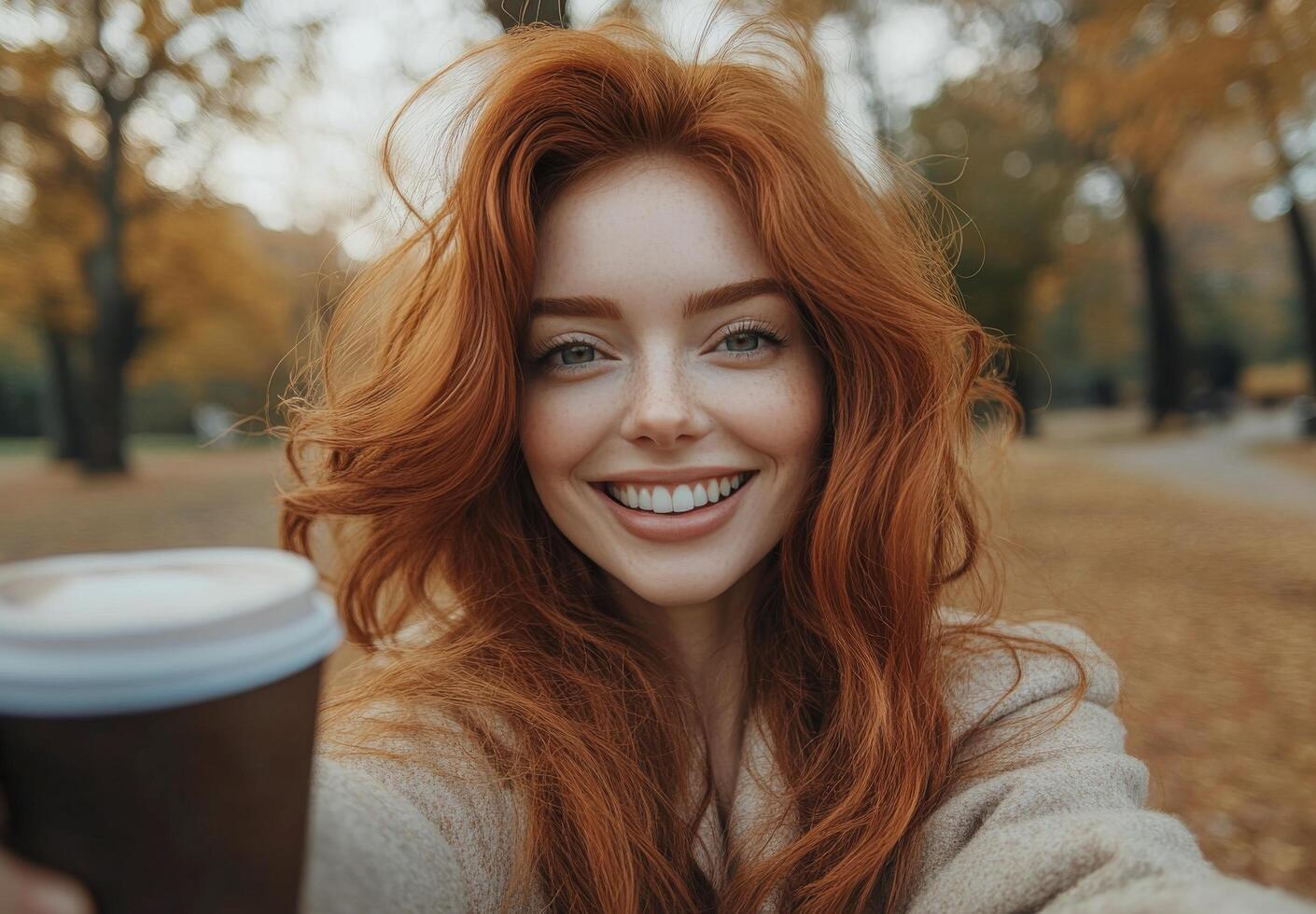 Smiling woman enjoying coffee in autumn park surrounded by colorful fall foliage photo