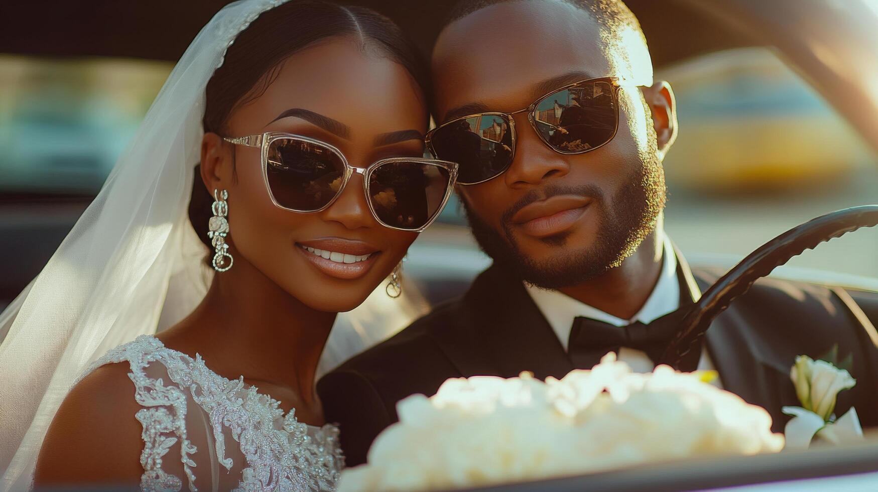 Young couple in classic car at a wedding, smiling with flowers under bright sunlight photo