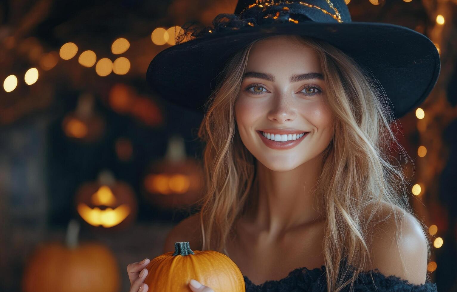 Smiling woman in a witch hat holding a pumpkin with Halloween decorations in the background photo