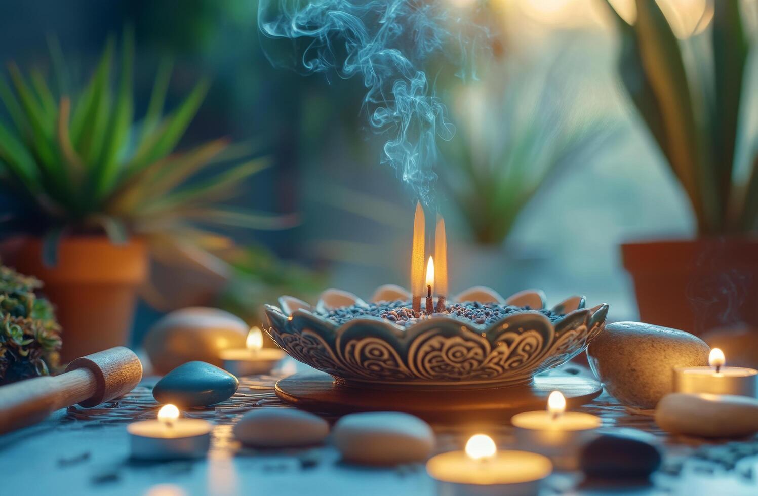 A calming incense burner with smoke rising in a serene indoor garden setup during the afternoon photo