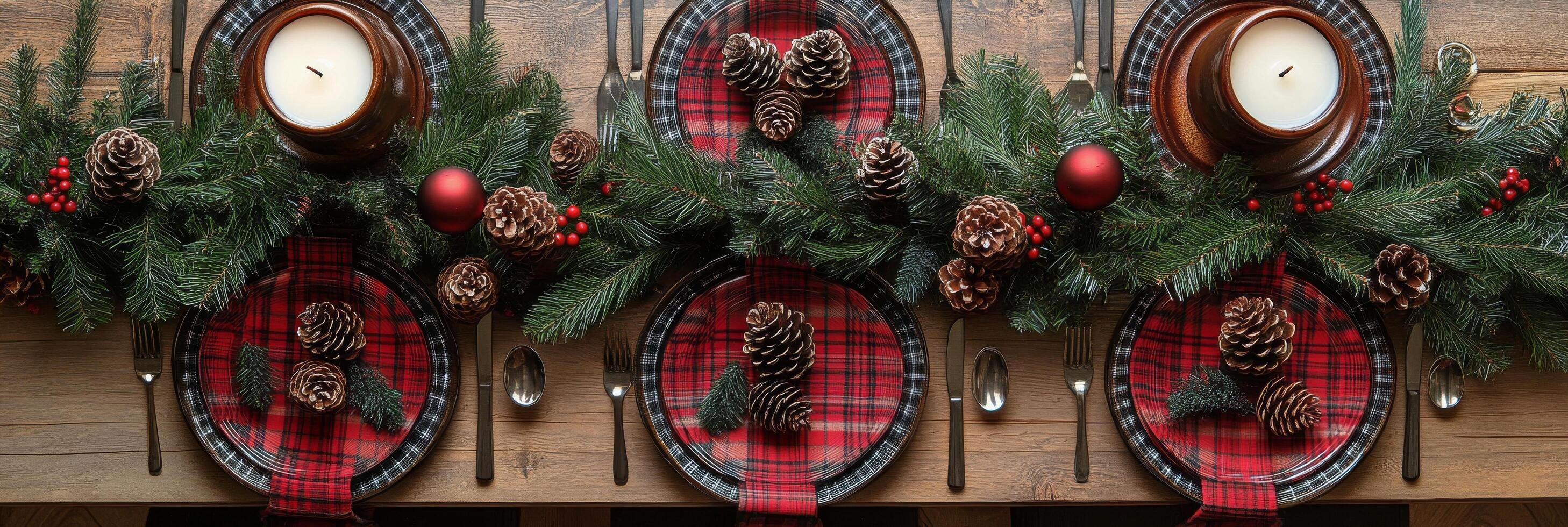 A beautifully decorated holiday dining table with pine branches and festive candles in winter photo