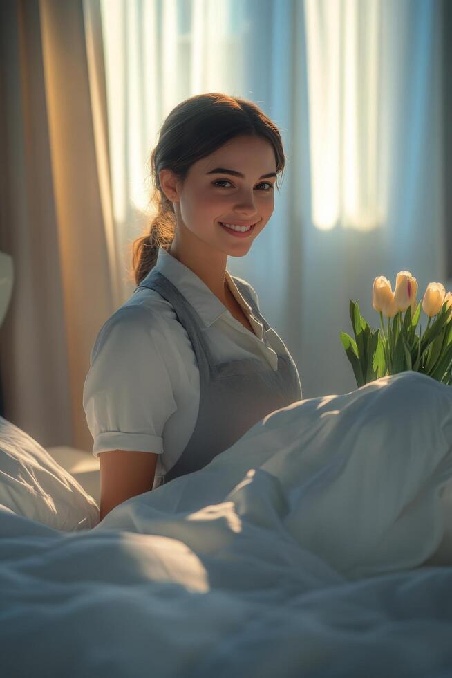 Young woman smiling in bed surrounded by soft blankets and tulips in a sunlit bedroom photo