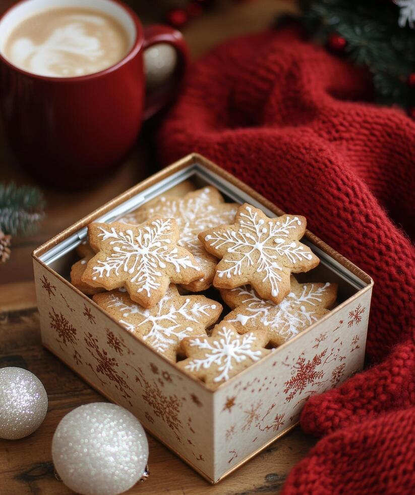 Cozy winter scene featuring gingerbread cookies and a hot beverage on a festive table photo