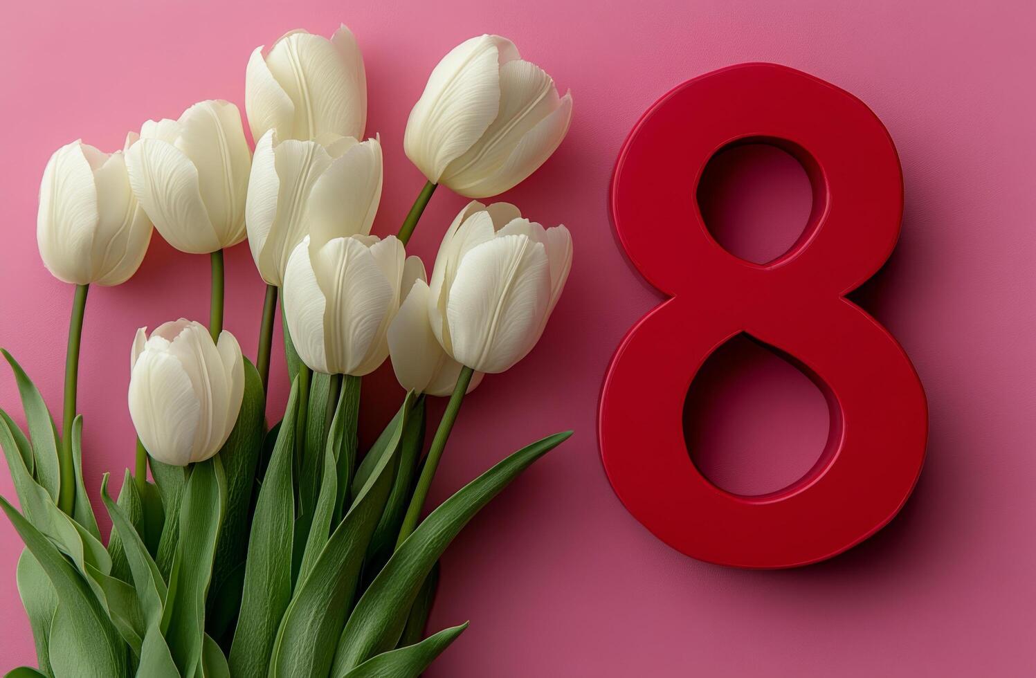 Elegant arrangement of white tulips next to a striking red number 8 on a pink background photo