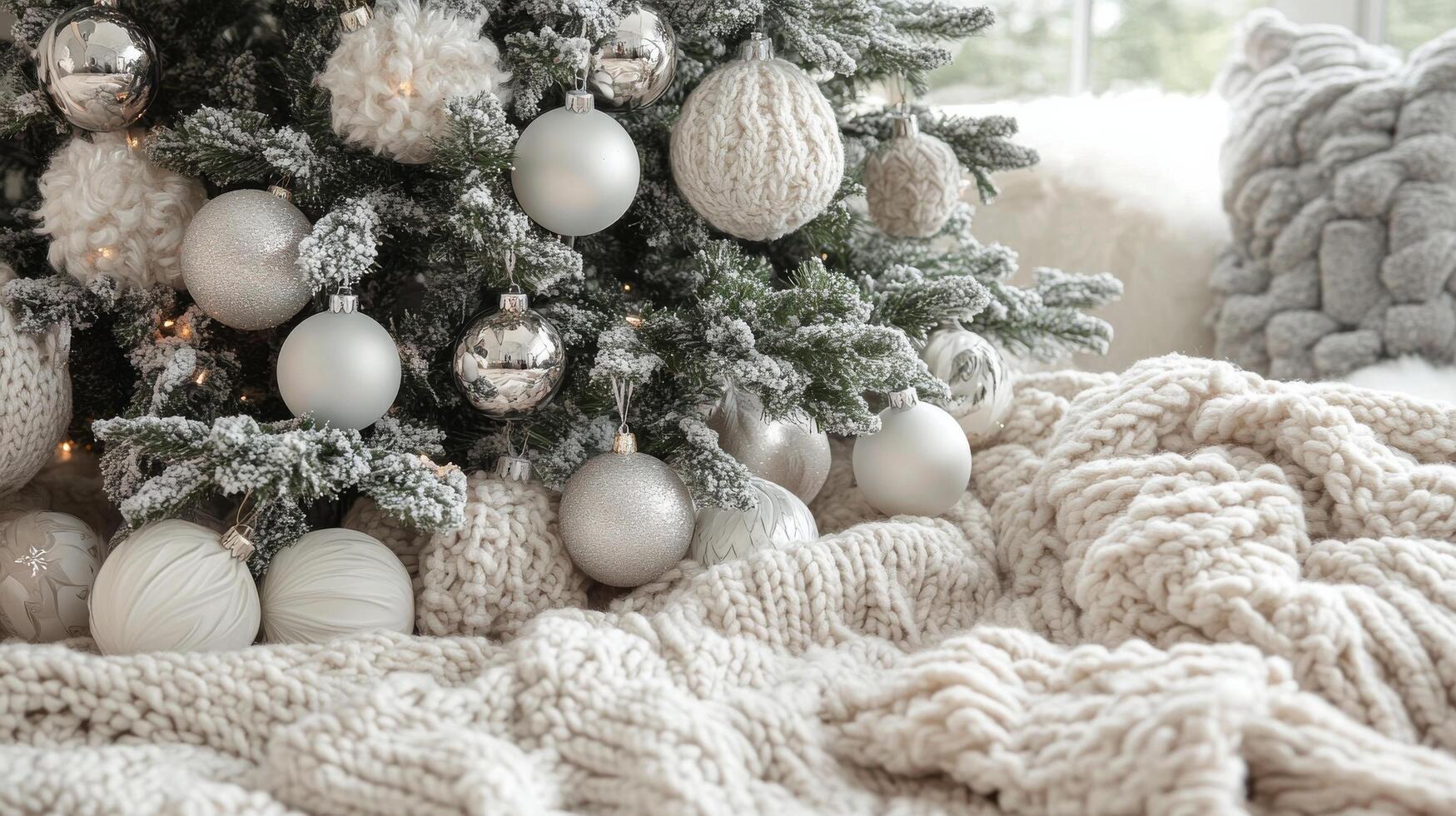 Cozy winter holiday scene with a decorated Christmas tree and soft blankets indoors photo