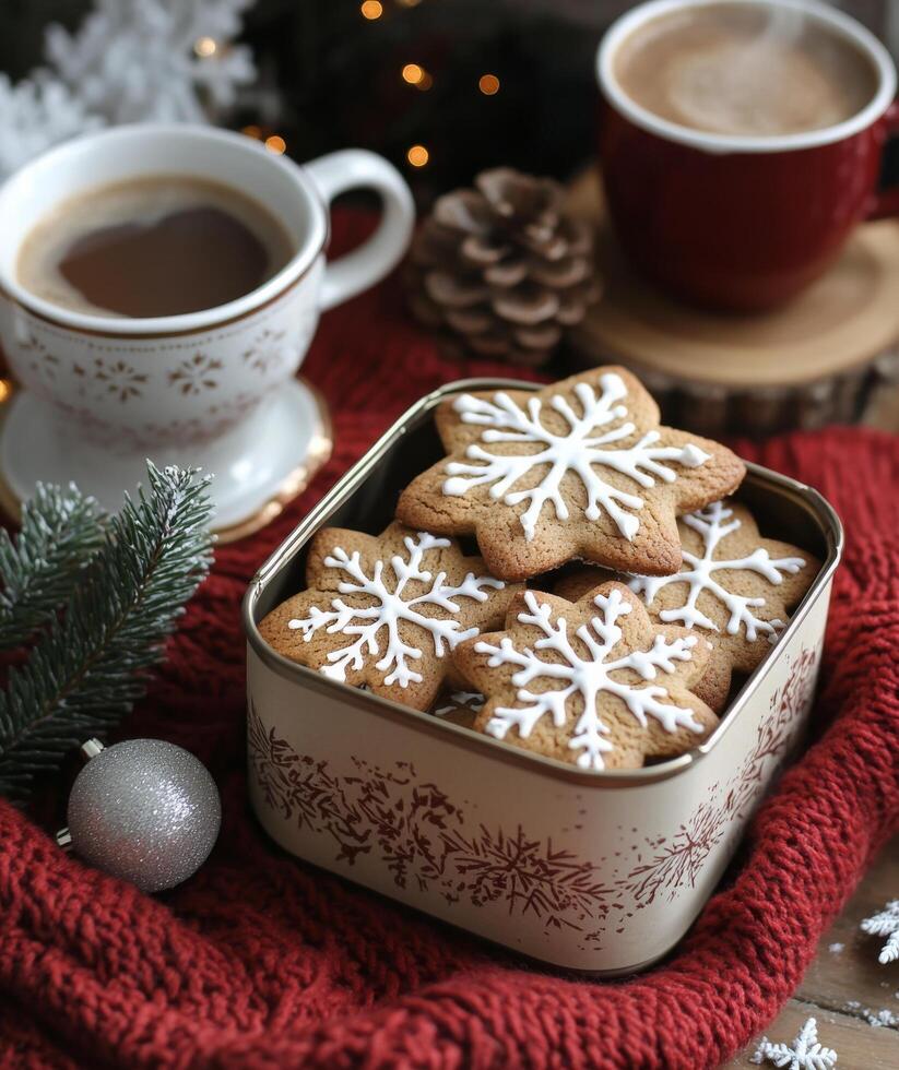 Cozy winter scene featuring gingerbread cookies and a hot beverage on a festive table photo