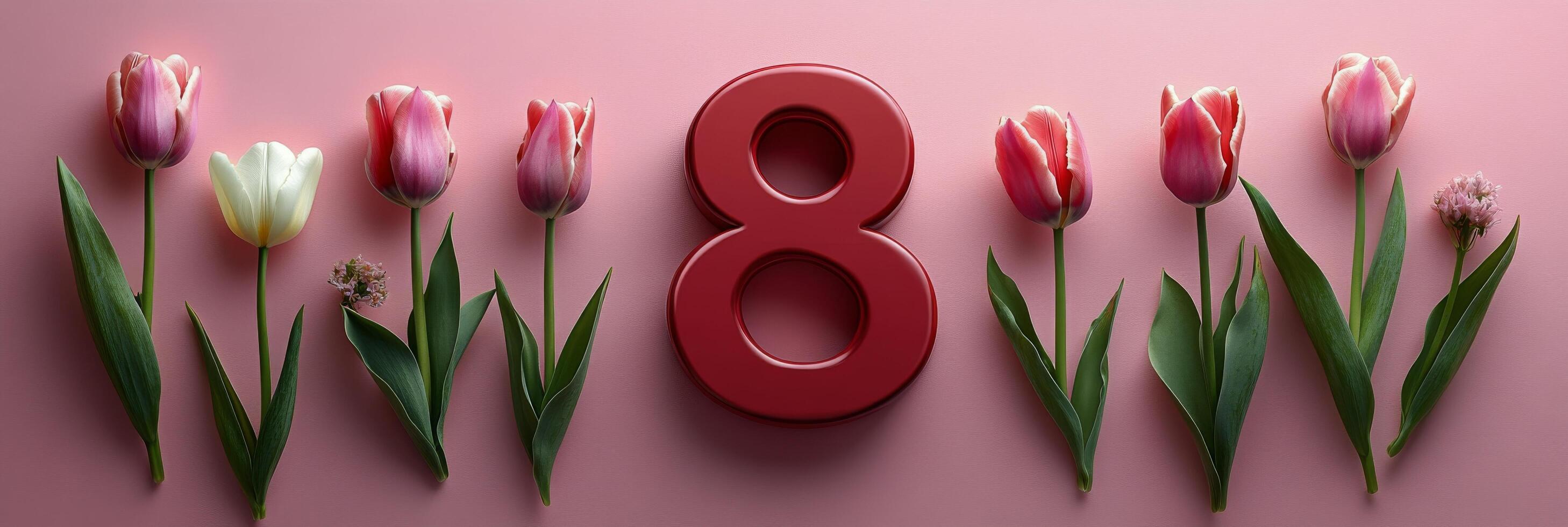 Brightly colored tulips surround a red number eight on a pink backdrop for a celebratory occasion photo