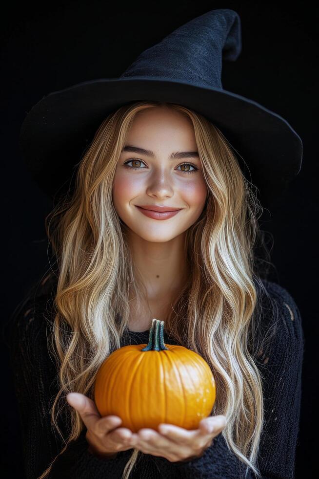 A young woman in a witch hat holds a small pumpkin, capturing the essence of autumn celebrations photo