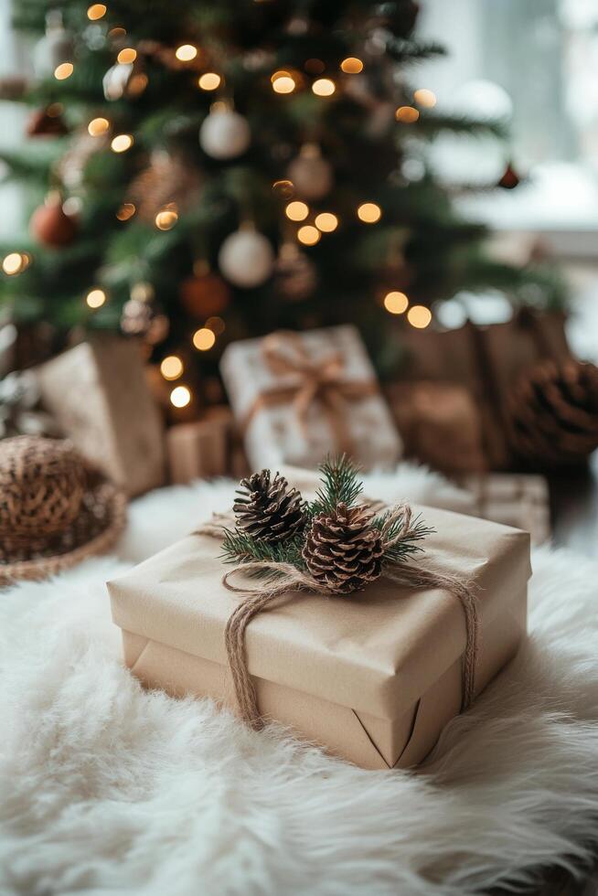 A wrapped gift with pine cones rests on a fluffy rug by a decorated Christmas tree photo