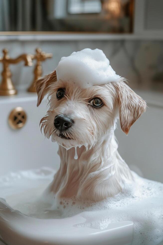 Cute small dog enjoying a bath with soap bubbles in a cozy bathroom environment photo