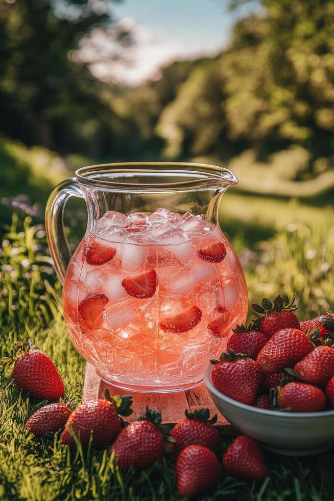 Refreshing strawberry lemonade served in a pitcher on a sunny day in a lush green field photo
