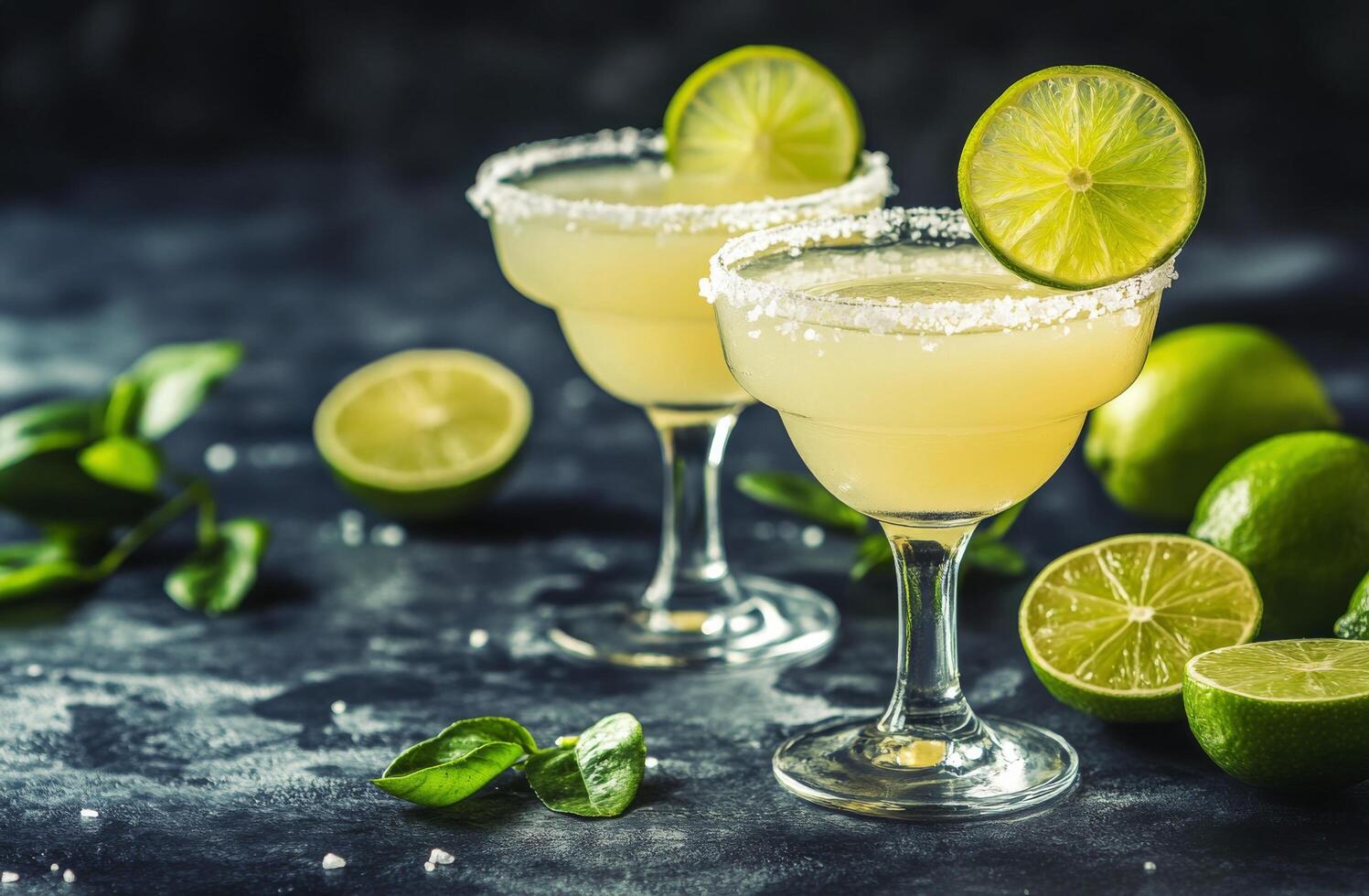 Delicious margaritas with lime wedges served on a dark stone countertop in a cozy setting photo