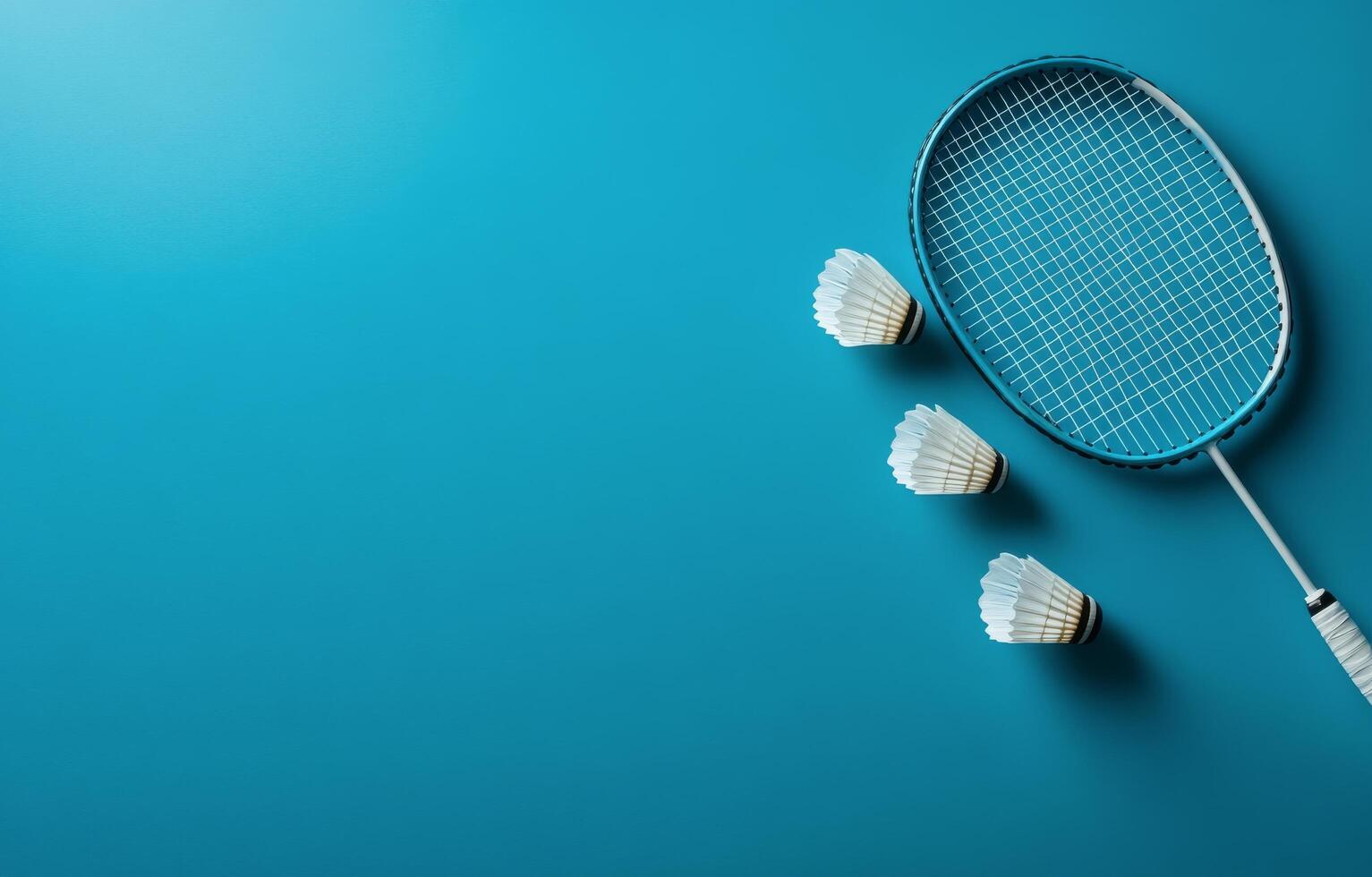 A badminton racket and shuttlecock resting on a blue background, ideal for sports enthusiasts photo