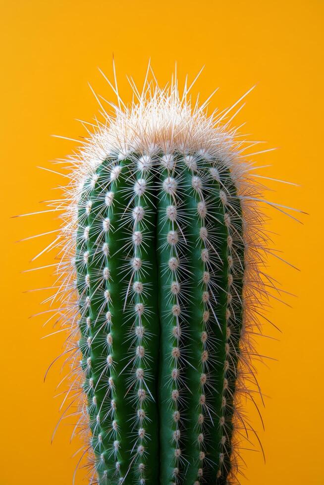 Beautiful close up of a tall green cactus with yellow spines against a bright orange background photo