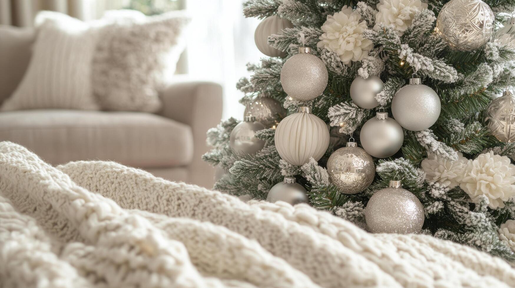 Cozy winter holiday scene with a decorated Christmas tree and soft blankets indoors photo