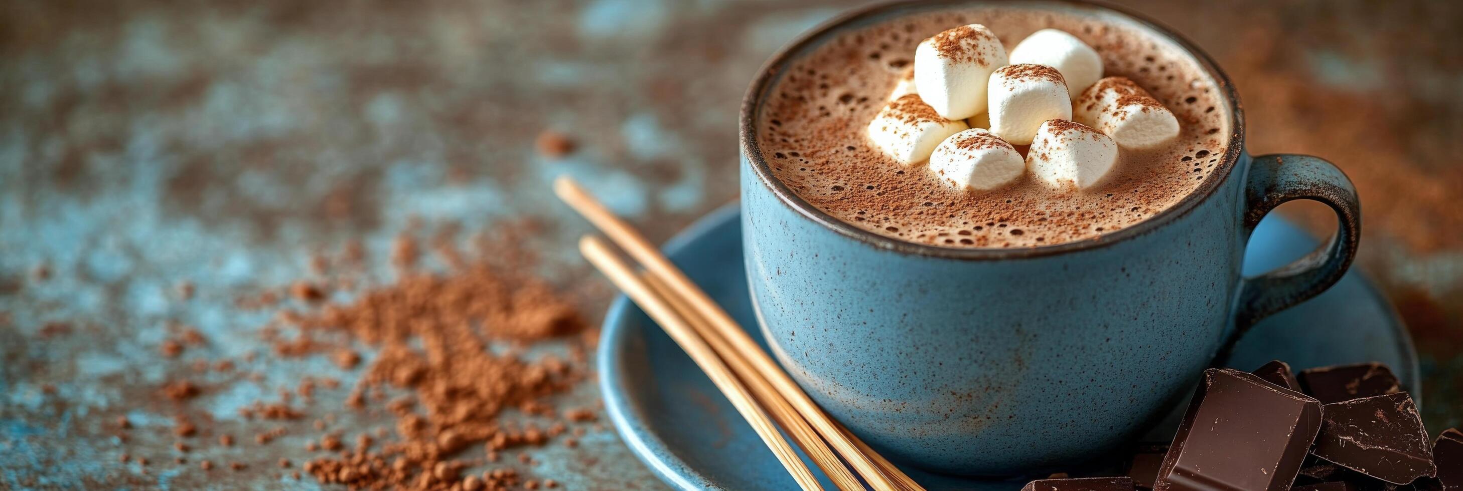 Warm cup of hot chocolate with marshmallows and chocolate pieces on a rustic wooden table photo