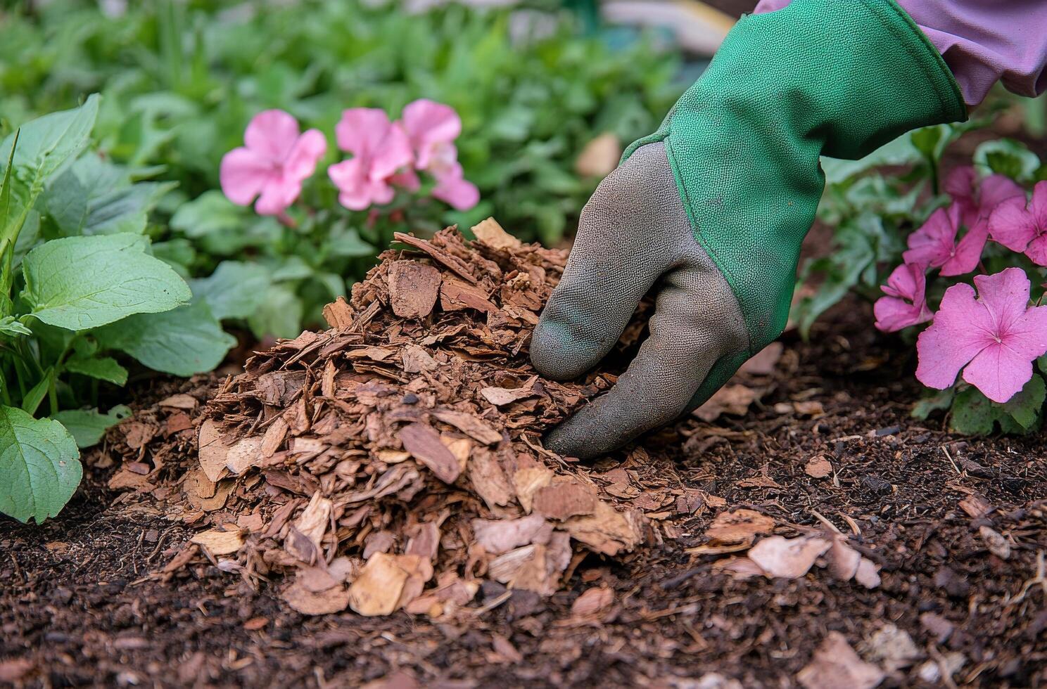 Gardening enthusiast applying mulch to flower bed in early spring with vibrant blooms nearby photo