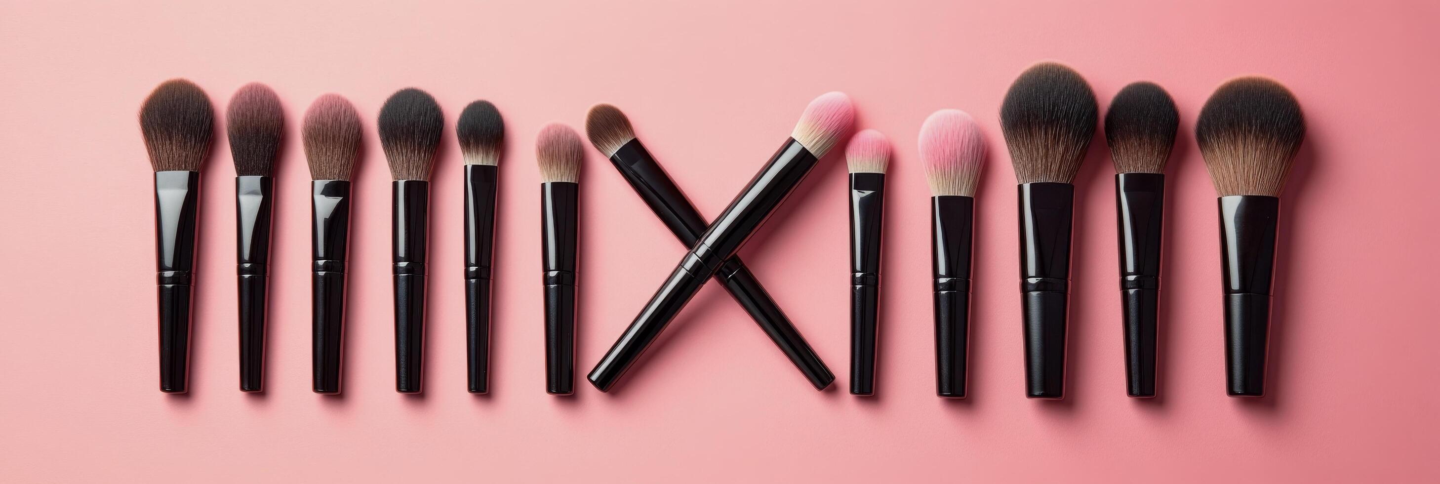 A set of makeup brushes in varying shapes on a pink background photo