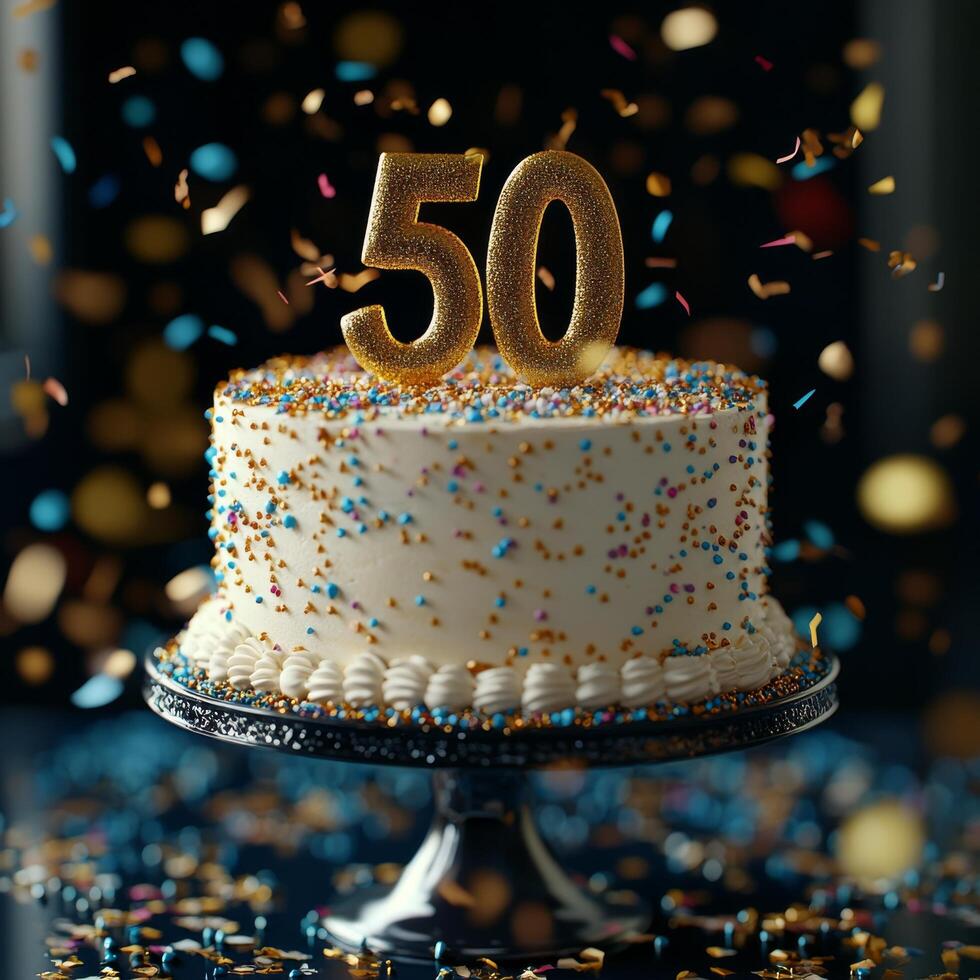 50th birthday cake adorned with golden decorations and sparkling confetti at a celebratory event photo