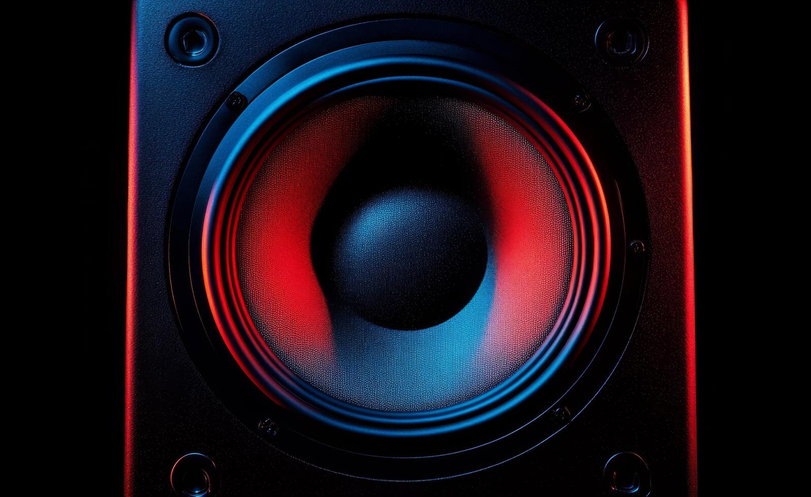 Colorful close up of a speaker cone illuminated by vibrant LED lights at a sound event photo