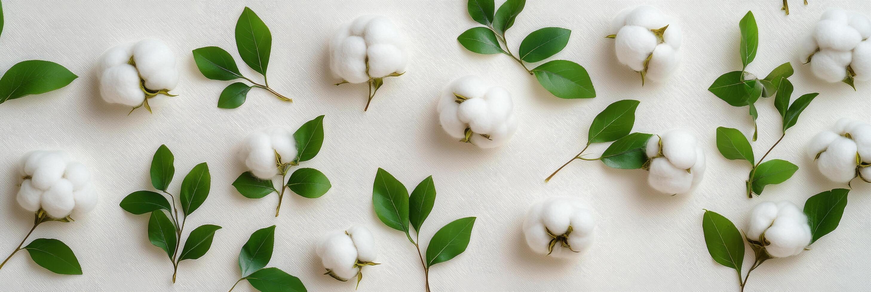 Cotton bolls and green leaves arranged aesthetically on a light background for floral decoration photo