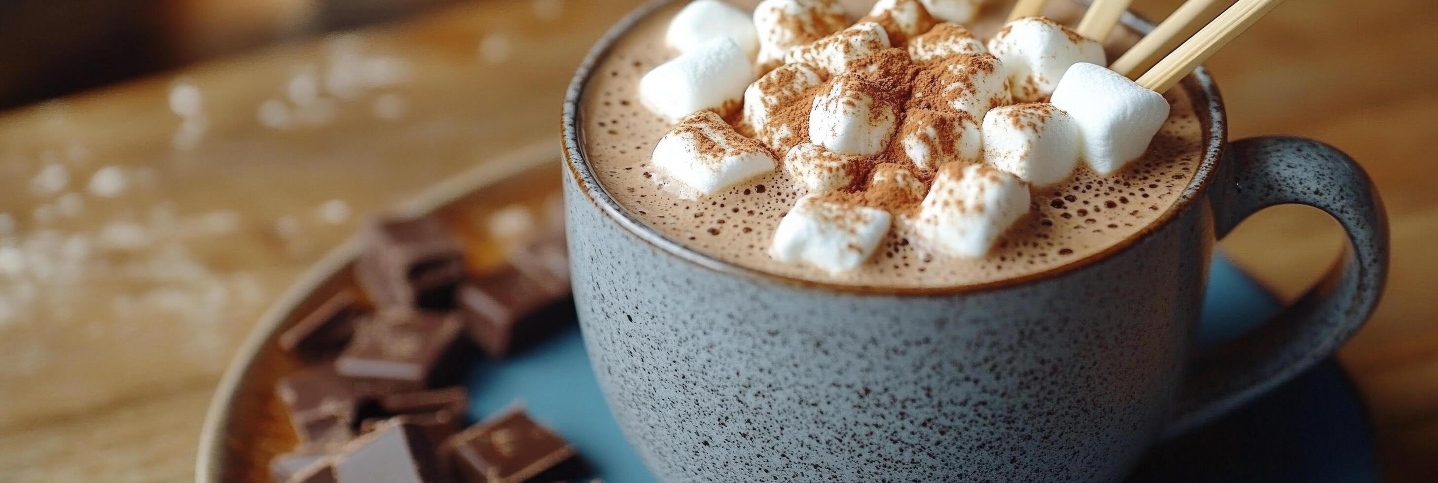 Warm cup of hot chocolate with marshmallows and chocolate pieces on a rustic wooden table photo