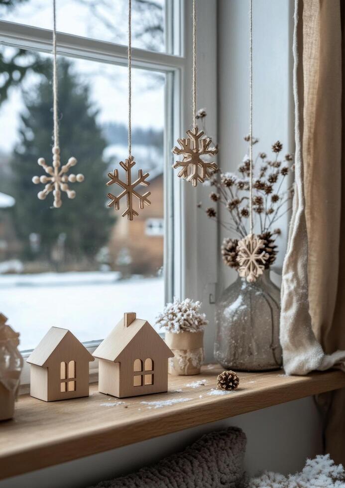 Wooden decorations and miniature houses create a cozy winter atmosphere by the window photo