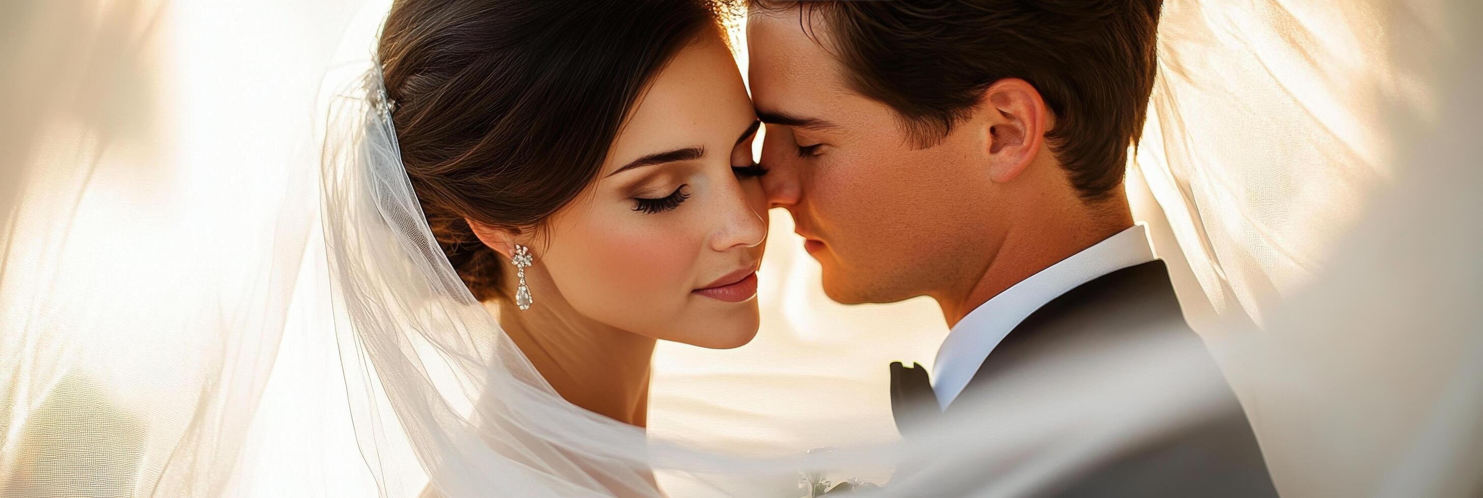Intimate moment between a bride and groom captured during their wedding ceremony outdoors photo