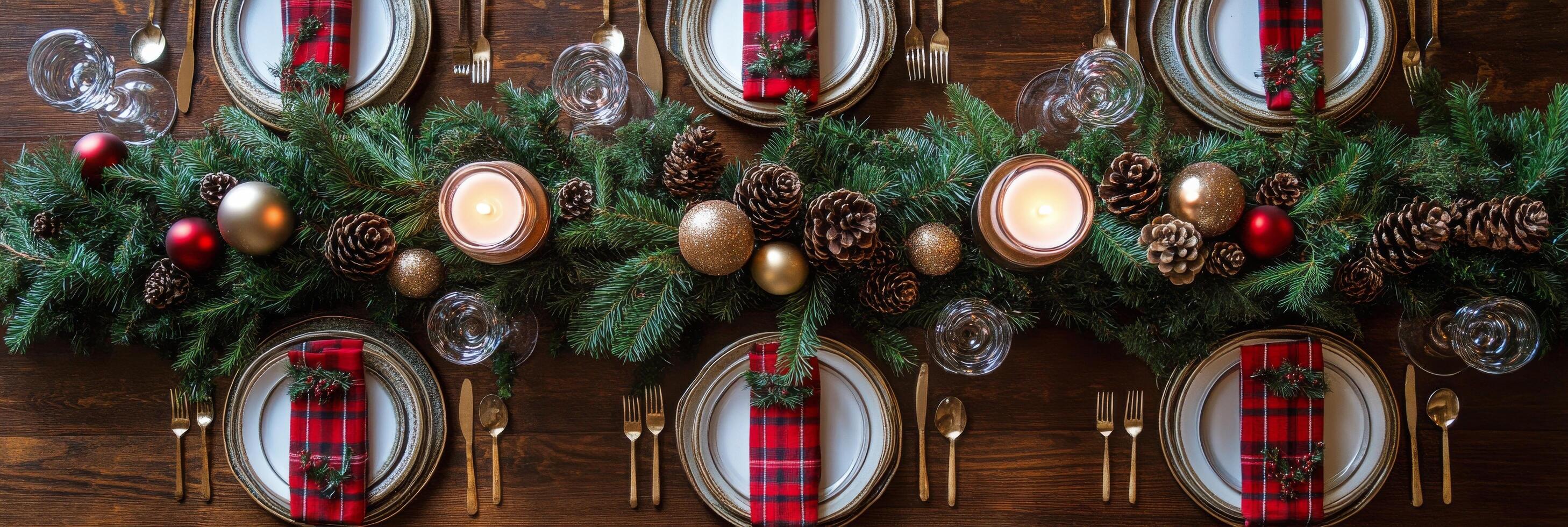 A beautifully decorated holiday dining table with pine branches and festive candles in winter photo
