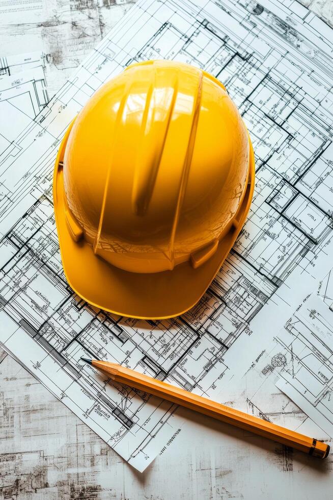 Yellow safety helmet rests on blueprints with a pencil on a construction table photo