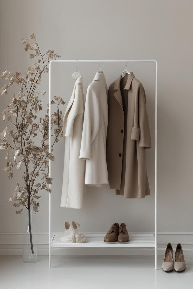 Stylish clothing rack with neutral coats and elegant shoes in a modern interior photo