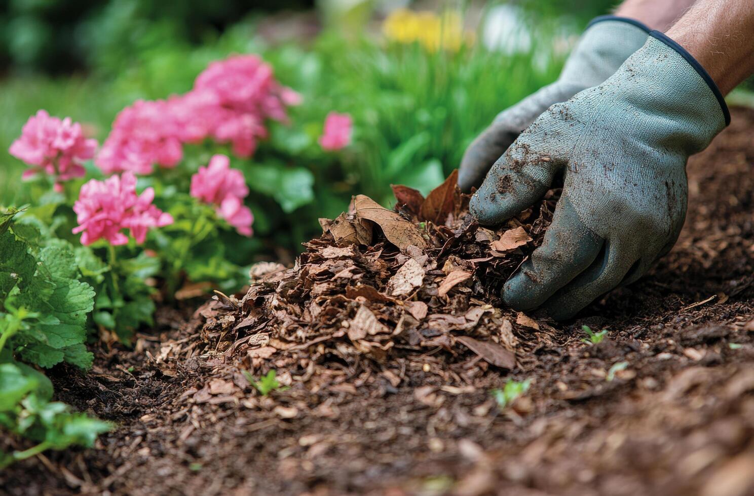 Gardening enthusiast applying mulch to flower bed in early spring with vibrant blooms nearby photo