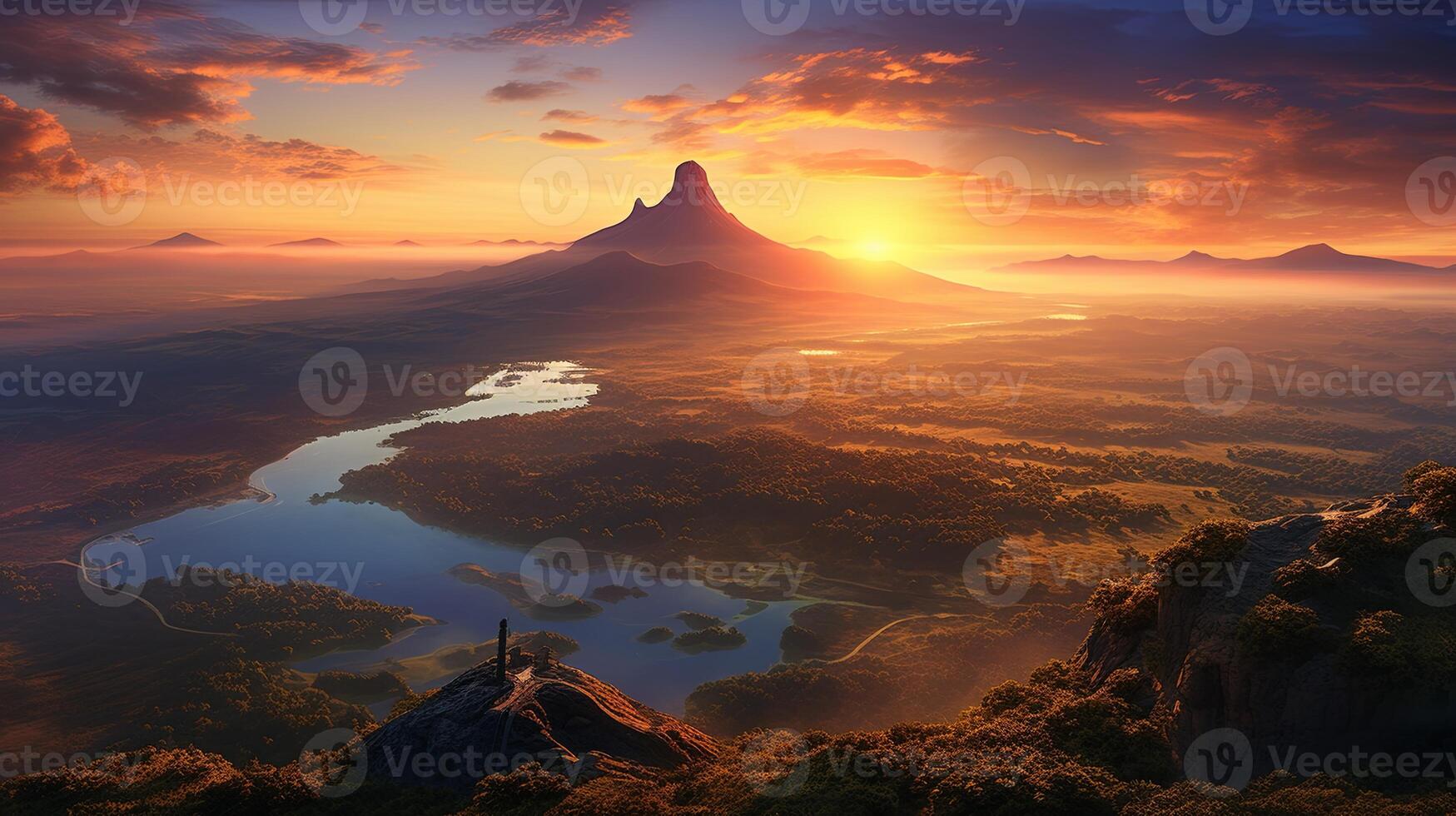 A man stands on a hill overlooking a valley and a river photo