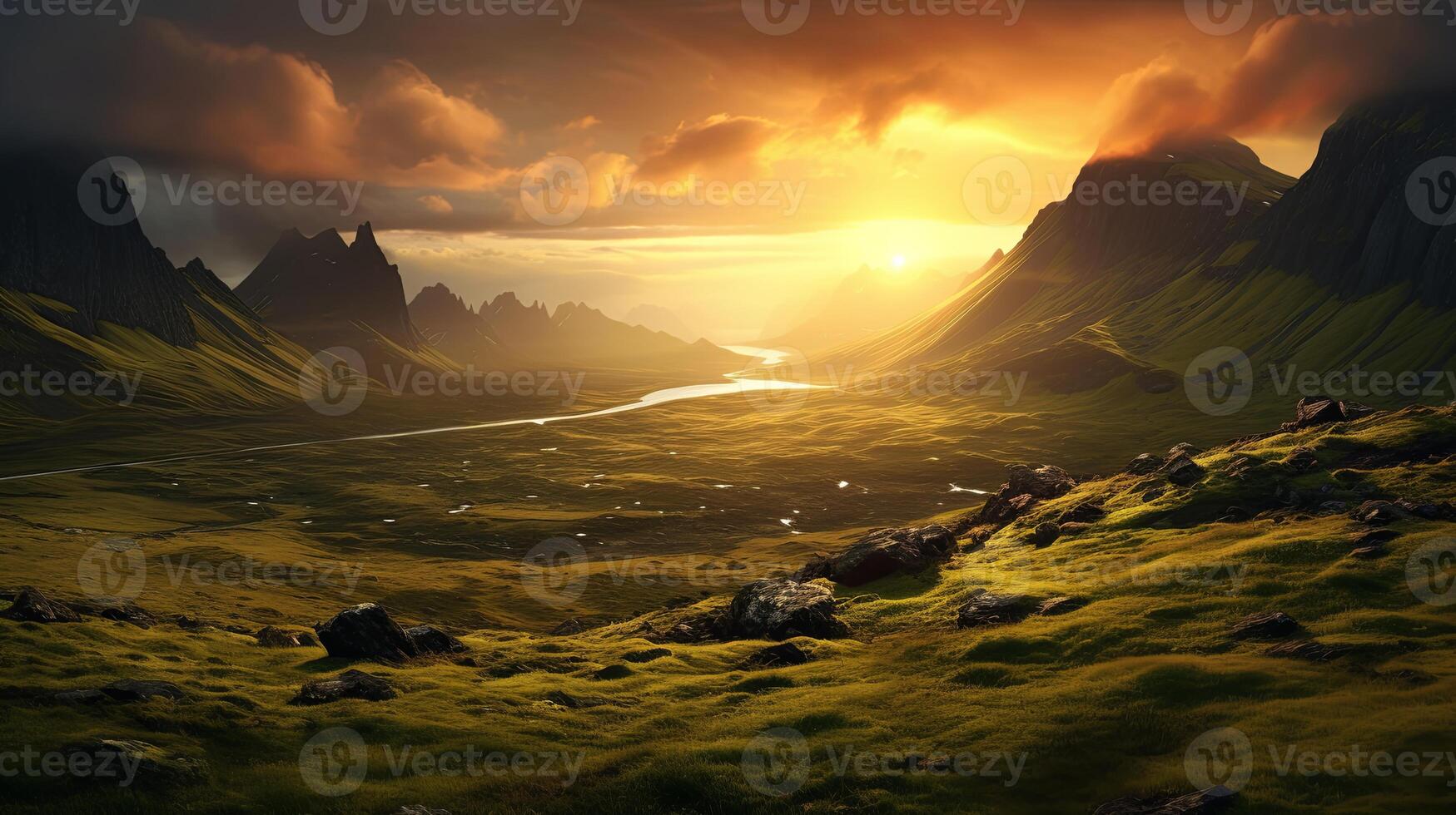 A beautiful landscape with mountains and grass photo