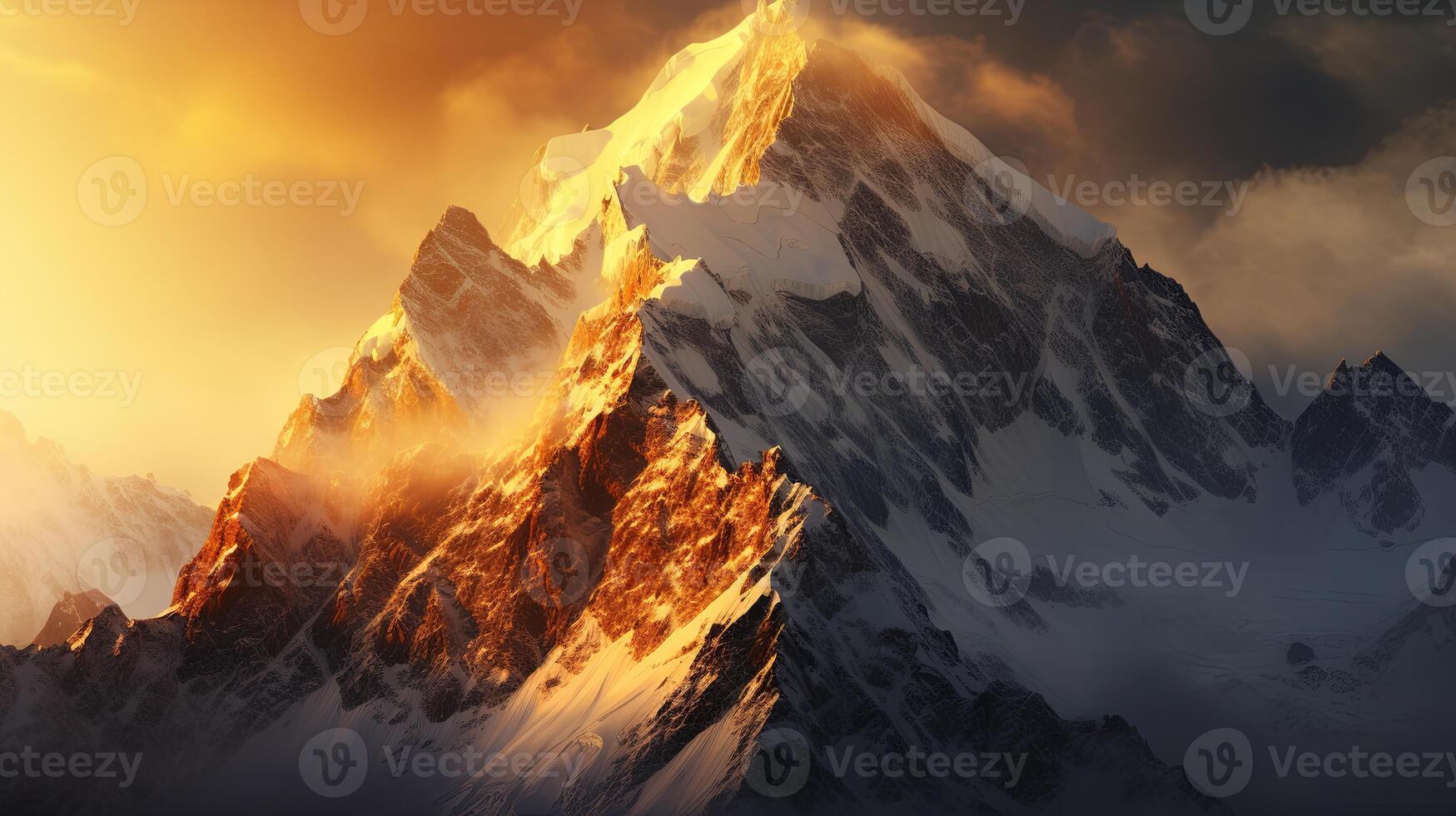 A mountain with snow and clouds at sunset photo
